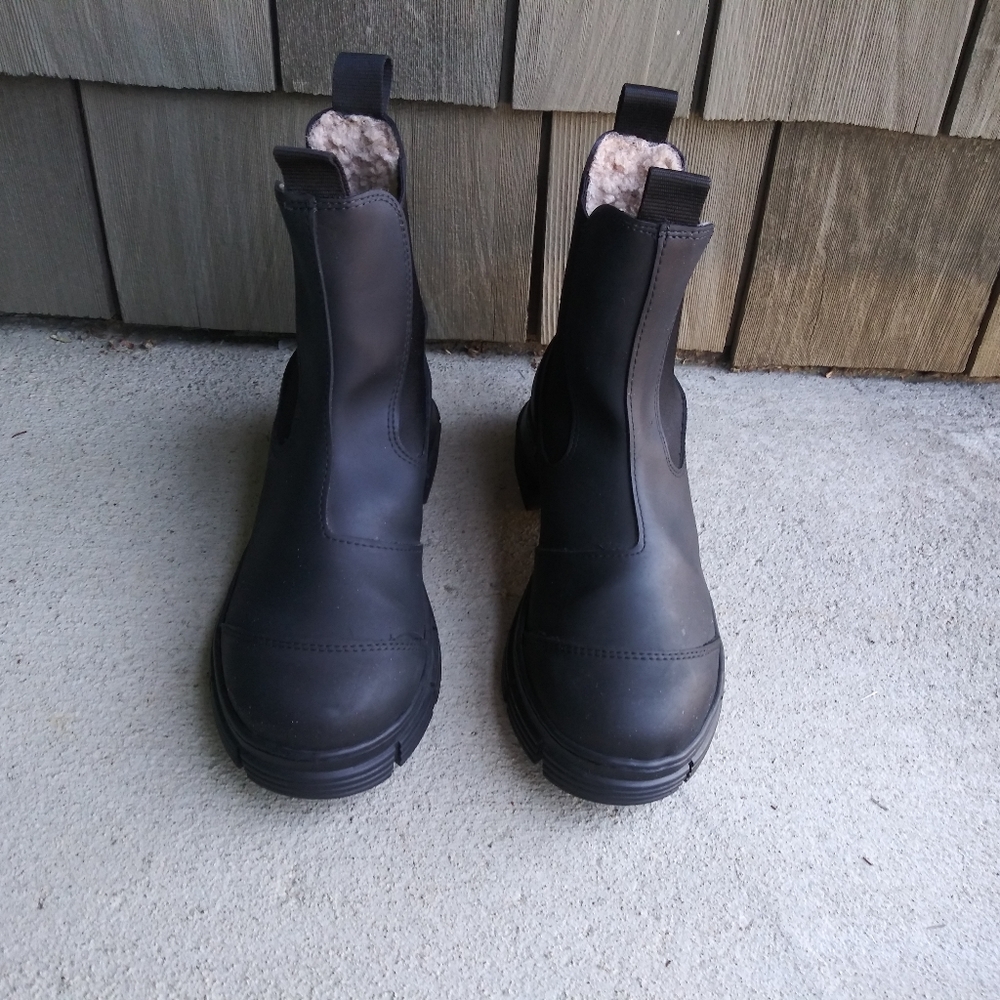 Ganni Black Lug Sole Chunky Heel Rubber Rain Ankle Boots Shoes Size 38 - Picture 3 of 10